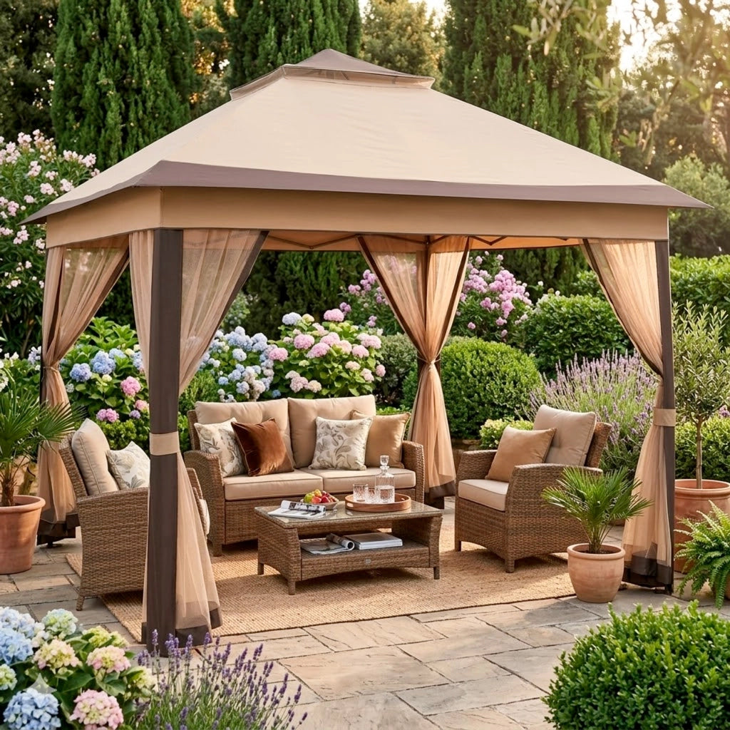 Gazebo Da Giardino Pop Up 3.33 X 3.33 Metri Altezza Regolabile Da 2.7 A 2.9 M Con Zanzariere Removibili Apertura Rapida E Borsa Trasporto Per Eventi Patio Piscina Campeggio Feste Kaki