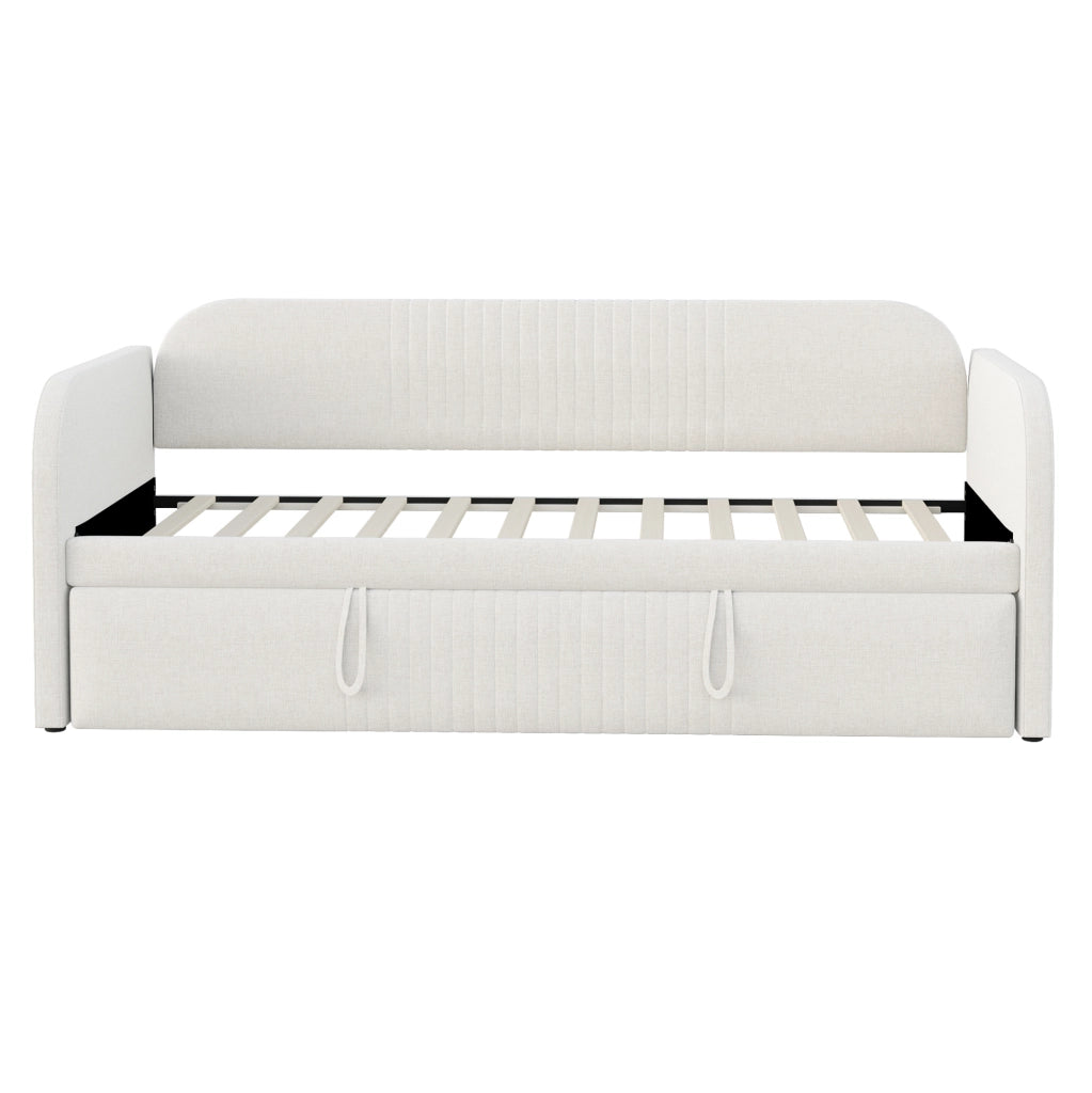 Divano letto imbottito 90x190 cm convertibile in 180x190 cm; rete a doghe; lino beige