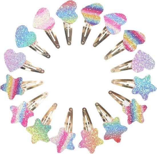 Set di 16 Spille per Capelli in forma di Cuore e Stella per Ragazze - Accessori per Capelli con Glitter - Fascia per Capelli per Compleanno - Multicolore - Idea Regalo Carina