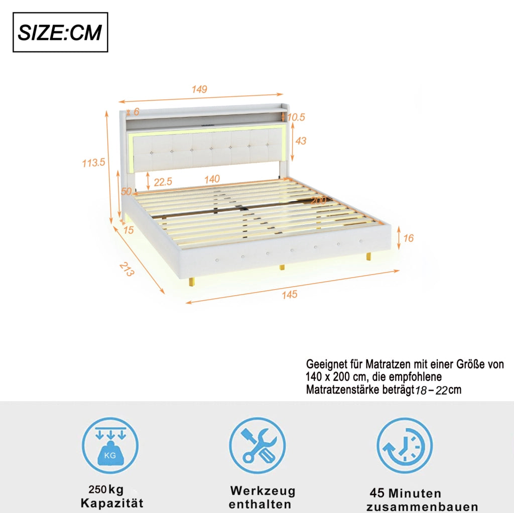 Letto imbottito 140x200 cm; USB e LED; tessuto di lino; beige (Senza materasso)