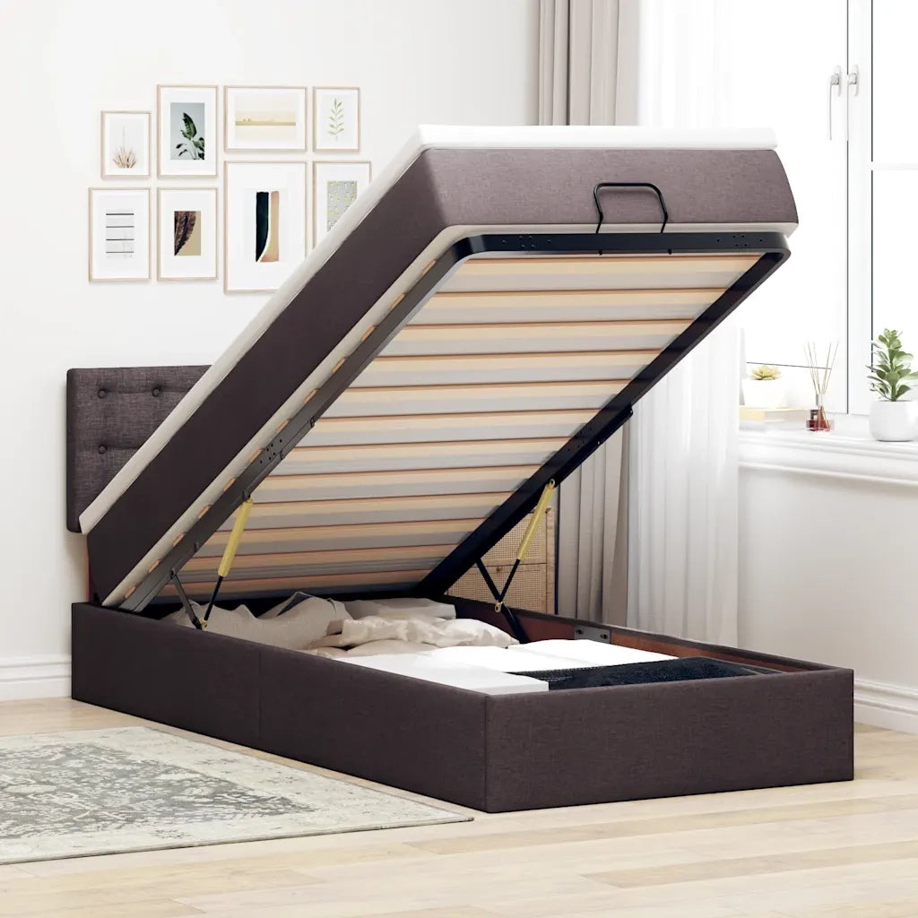 Pouf Letto con Materasso Marrone Scuro 90x200 cm in Tessuto 3311597