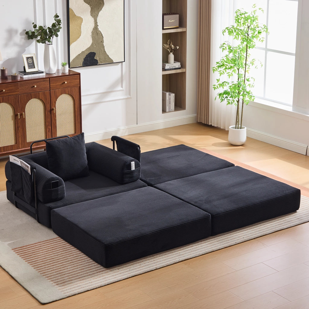 Divano modulare in velluto a coste con tasca laterale e cuscino, ergonomico e ad alta densità, nero