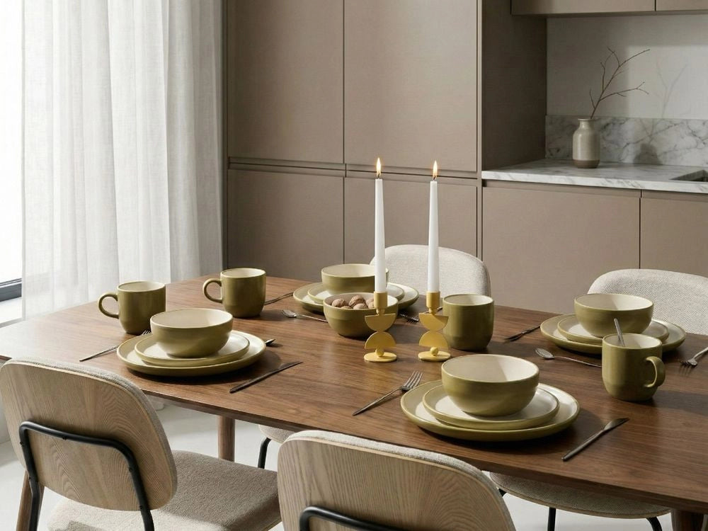 Servizio da tavola 16 pezzi in gres beige e blu elegante per cucina e sala da pranzo con finitura smaltata colorata per 4 persone