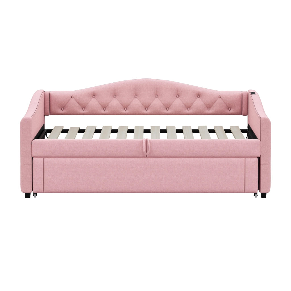 DESMIU Divano letto 90 × 200 cm 1 posto con porta USB, in lino, con materasso, rosa