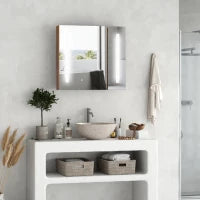 kleankin Specchiera Bagno con Luci LED Regolabili, 2 Ante e Mensola Regolabile, 70x15x65cm, Marrone