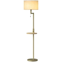 Lampada da Terra Moderna con Mensola, Paralume in Lino, Interruttore a Catena e Porta USB Ø40x170 cm, Oro