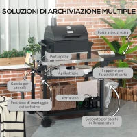 Carrello Barbecue con Tavolino Pieghevole in Acciaio Inox, 2 Ruote e Accessori, 125x65x84 cm, Nero