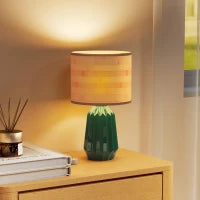 Lampada da Tavolo con Base in Ceramica e Paralume in Lino Stile Retrò 40W Verde e Legno Naturale