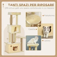 Albero Tiragraffi per Gatti Alto 136 cm con Cuccia Rimovibile, Casetta e Lettino, Pali in Iuta, Beige