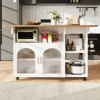 Isola cucina moderna con spazio di conservazione e armadietti con ante in vetro, 120×30×79,5 cm, Bianco e Legno