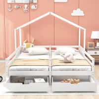 Letto a Casetta con 2 Cassetti su Ruote, Letto per Cameretta, Rete a Doghe, Senza Materasso, in Legno, 200×90 cm, Bianco