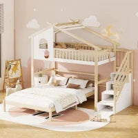 Letto a soppalco 90×200 cm con scaletta contenitore per bambini, senza materasso, Legno naturale e Bianco