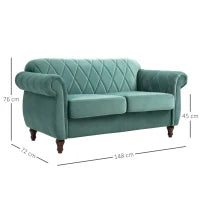 Divano 2 Posti Design Vintage Rétro in Legno e Velluto, 148 x 72 x 76 cm, Verde