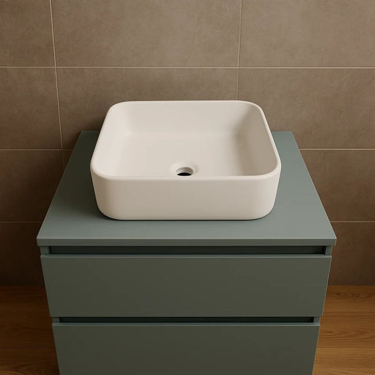 Lavabo d'appoggio ceramica bianco quadrato lavandino bagno dimensioni cm 38,5x38,5x14 *** finitura- opaco, confezione 1
