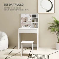 Tavolo da Trucco a 3 Ripiani e Cassetti con Specchio e Sgabello, in Truciolato, 75x40x137 cm, Bianco