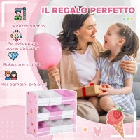 Mobiletto Portagiochi con 9 Cestini Rimovibili in Legno e Tessuto, 63x30x60 cm, Rosa e Bianco