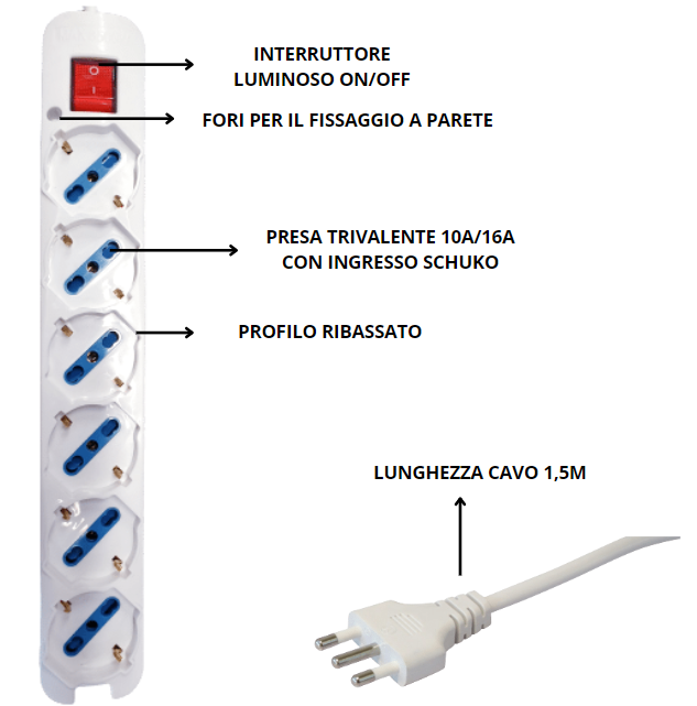 Multipresa elettrica ecova 6 ingressi universali 10/16a colore bianco