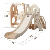 Scivolo per bambini 5-in-1 con altalena, arrampicata, canestro da basket e spazio di stoccaggio, 179×184×103 cm,Marrone+Bianco