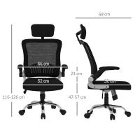 Sedia da Ufficio con Poggiatesta e Altezza Regolabili, Tessuto a Rete e Braccioli Ribaltabili, Nero