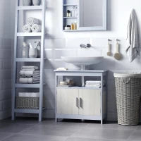 kleankin Mobile Sottolavabo Bagno con Armadietto e Ripiano Aperto, 60x30x62cm, Grigio e Legno Naturale