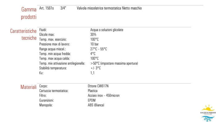 Valvola miscelatrice termostatica impianti solari da 3/4" maschio 1561s