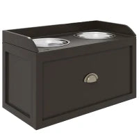 Ciotole per Cani Rialzate in Acciaio Inox e Legno con Cassetto, 60x30x36cm, Marrone