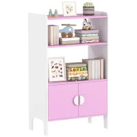 Libreria per bambini, 2 Ripiani, 2 Armadietti, autoportante, Design anti-ribaltamento, Piedini antiscivolo, MDF, Rosa+bianco
