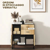 Credenza Moderna con 3 Armadietti e 2 Cassetti, in Truciolato e Acciaio, 80x35x88 cm, Nero e color Legno