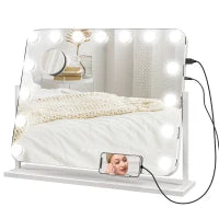 Specchio da Trucco con 14 Luci LED Regolabili e Ricarica USB, in Vetro e Metallo, 62.5x14x49.5 cm, Bianco