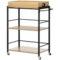 Carrello da Cucina a 3 Ripiani con Vassoio Rimovibile e Ruote Girevoli, 72x40x94cm, Legno e Nero