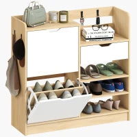 Scarpiera Ingresso con Cassetto Ripiani Aperti 4 Ganci per 14 Paia di Scarpe Naturale e Bianco