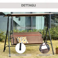 Dondolo da Giardino Terrazza 3 Posti con Tettuccio Regolabile in Metallo e Texteline 172x110x155cm Marrone