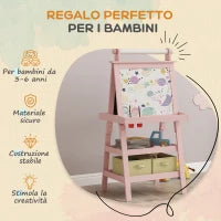Lavagna per Bambini con Cavalletto 3 in 1, Rotolo di Carta e 2 Contenitori, in Legno, 59x48x118 cm, Rosa