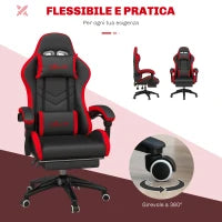 Sedia da Gaming con Altezza Regolabile e Schienale Reclinabile, 65x65x121-129 cm, Nero e Rosso