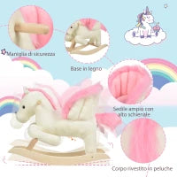 Cavallo a Dondolo Bianco e Rosa con Suoni e Struttura in Legno di Pioppo per Bambini 18-36 Mesi, 70x28x57cm