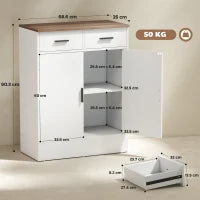 Credenza Moderna 2 Cassetti e Armadietto 2 Ante, Ripiano Interno Regolabile, Bianco e Legno