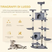 Albero Tiragraffi per Gatti Alto con Casette e Amache, 60x60x200cm, Grigio Chiaro