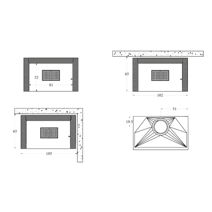 Camino a legna prefabbricato focolare aperto refrattario qr100ref parete angolo