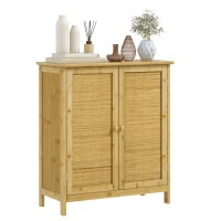 Credenza Stile Boho in Rattan e Bambù con 2 Ante e Mensola Interna, 60x27x67.5cm, Colore Legno