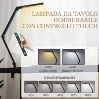 Lampada da Scrivania a LED Dimmerabile con Morsetto, Braccio Regolabile e 2 Colori di Luce, Nero