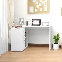 Scrivania Angolare per PC con 2 Cassetti e Ripiani Aperti, Scrivania ad Angolo Forma a L in Legno e Metallo, 117x83.5x76 cm, Bianco