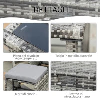 Set 11 Pz Tavolo da Giardino con Sedie, Pouf e Cuscini, in Rattan PE, Grigio