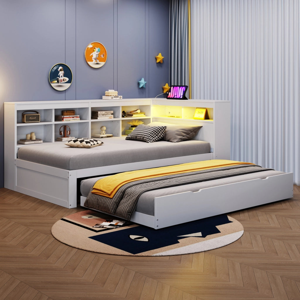 Letto multifunzionale in legno con contenimento, USB e LED, colore bianco