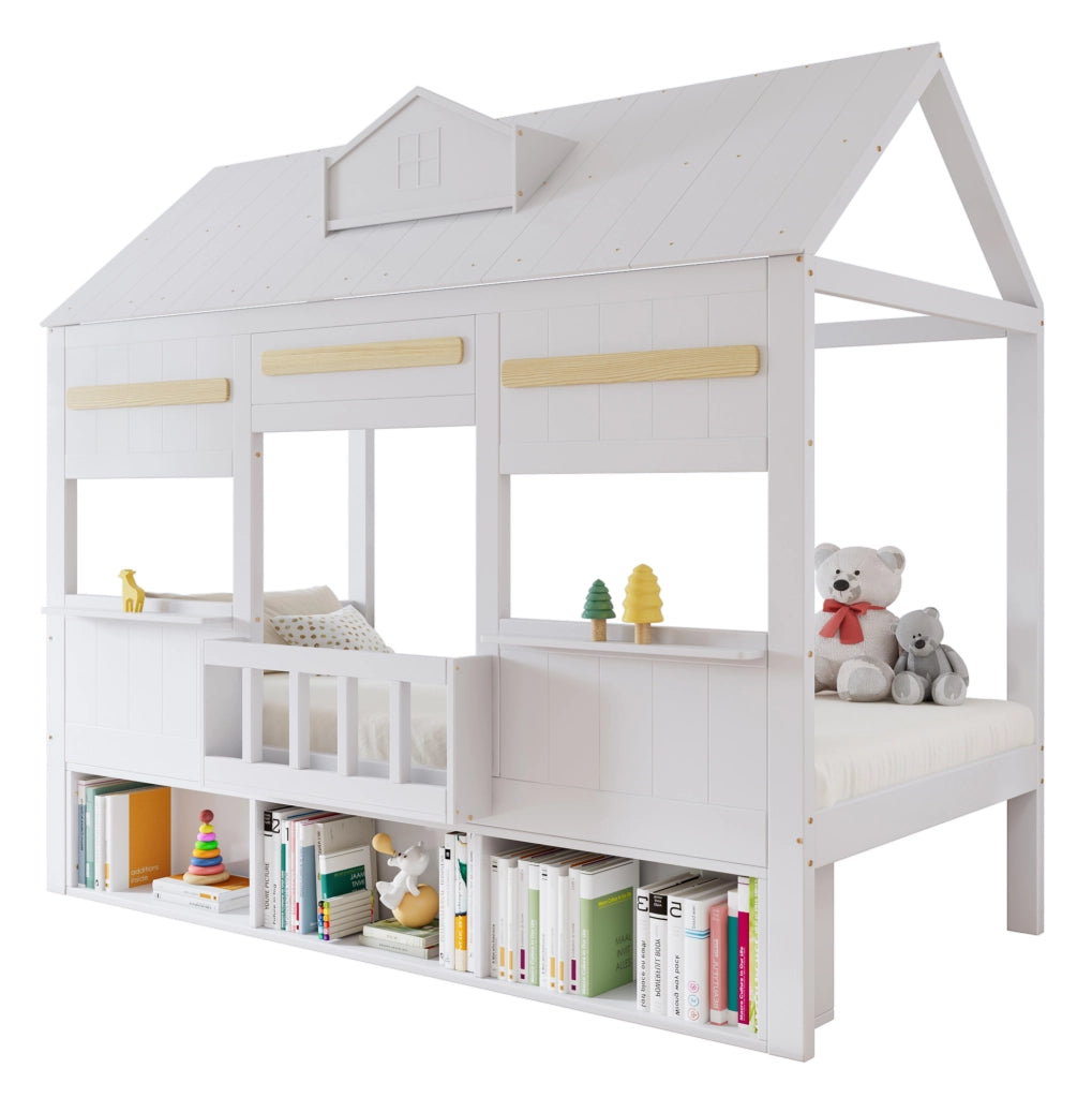 Letto a soppalco per bambini 90x200 cm in legno e MDF bianco con ripiano， senza materasso