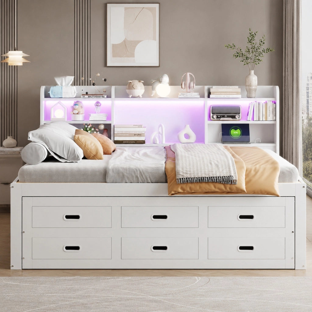 Letto multifunzionale con LED, 3 cassetti e ricarica USB + Type-C