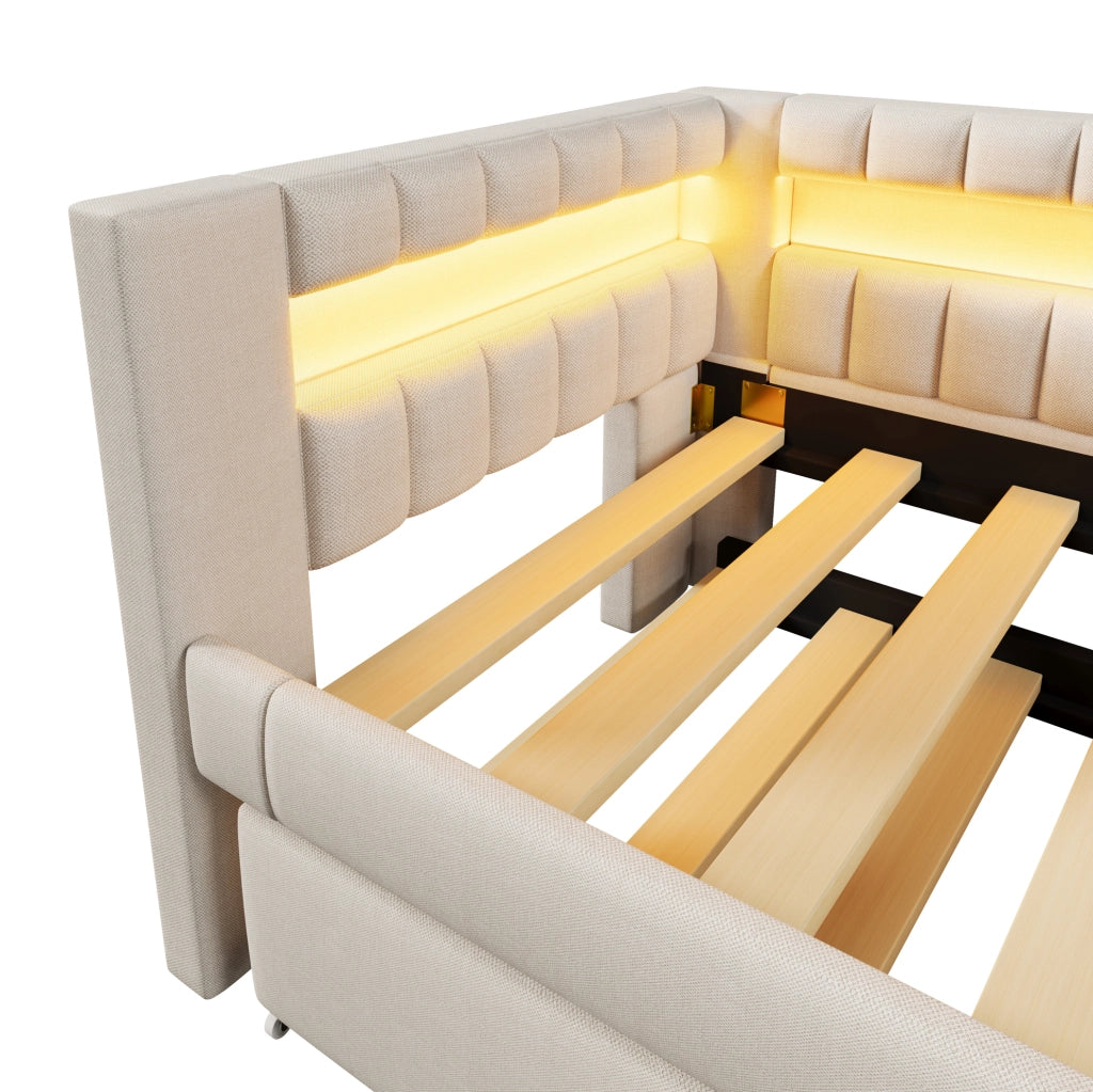 Letto 90x200 cm con LED; letto estraibile; USB e Type-C in lino beige