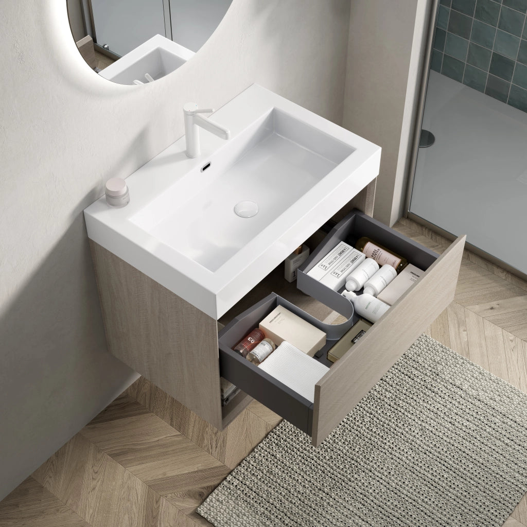 Mobile bagno sospeso con 1 cassetto e 1 vano aperto; lavabo integrato in resina; per bagno; 70×46×60 cm