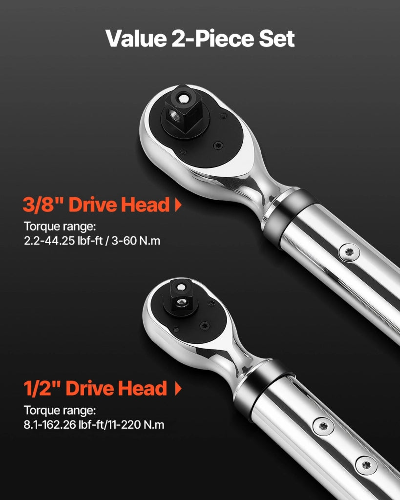 Set 2 Pezzi Chiavi Dinamometriche Digitali 1/2" e 3/8" SX3812, Precisione ±2% 72 Denti con Display LCD e LED per Officina e Auto