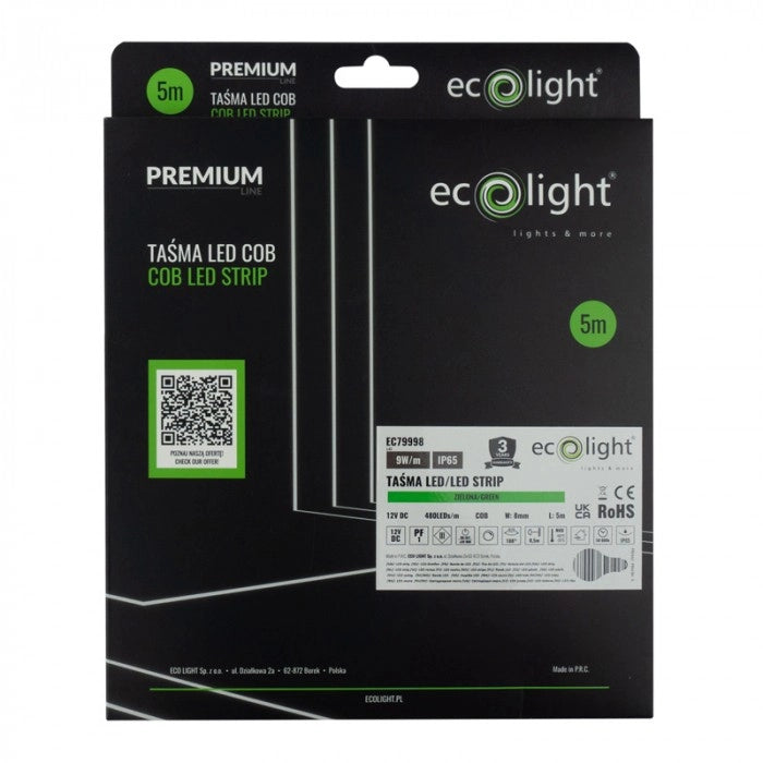 Striscia LED COB 480 9W/m verde 12V IP65 5m dimmerabile
