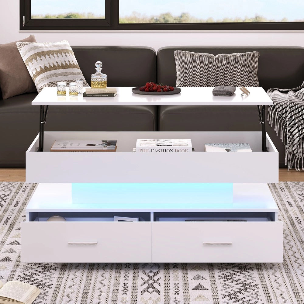Tavolino da Salotto Sollevabile con LED e Cassetti ¨C Xylo ¨C Bianco, 100x50x44